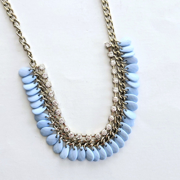 Statement Necklace Blue Beads Rhinestone Goldtone Chain Classic Retro Cocktail - Picture 10 of 12